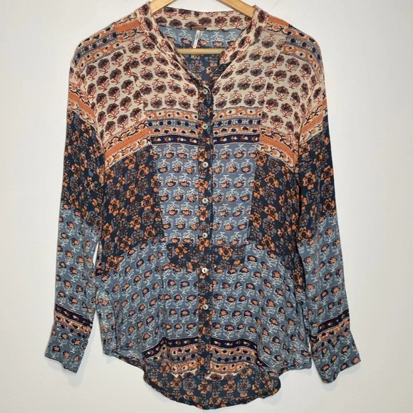 Free People Caravan Floral Button Patchwork Boho Rayon Top XS - Picture 3 of 12